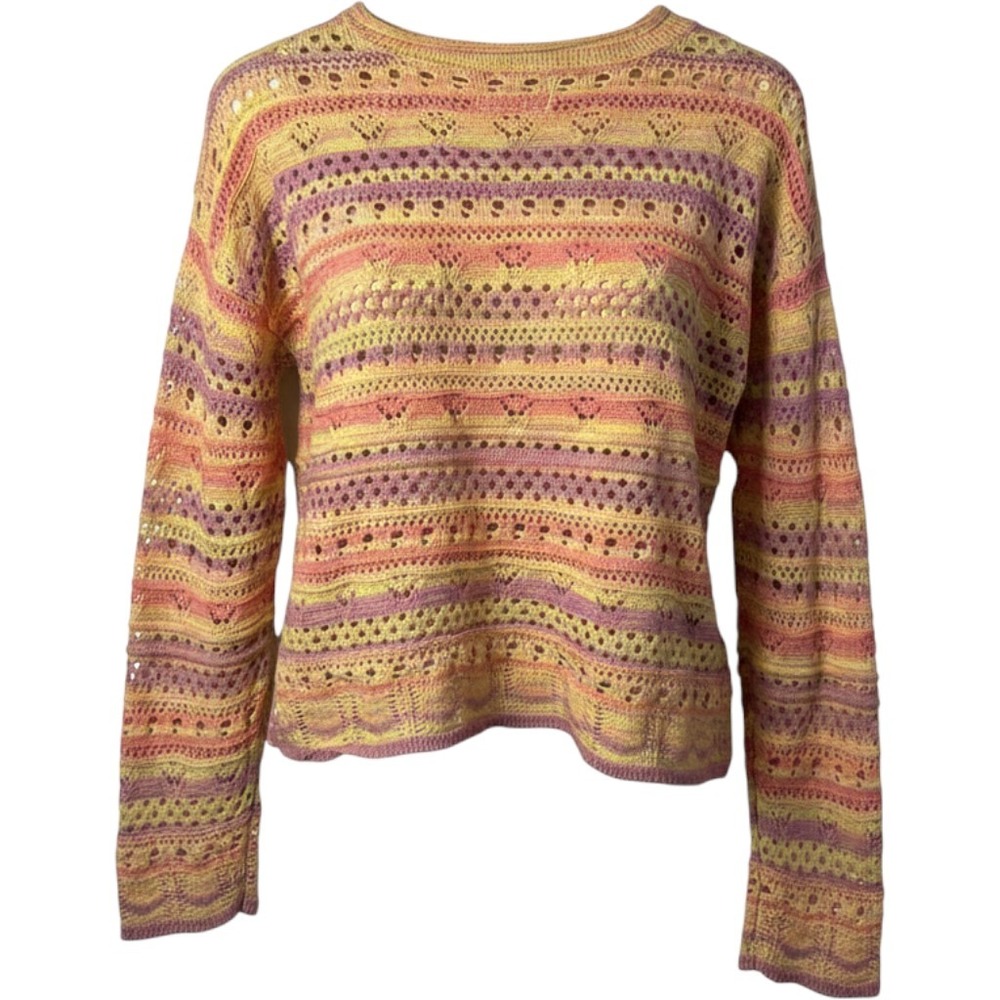 SO Goods For Life Women XL Yellow Pink Purple Open Knit Pointelle Pullover